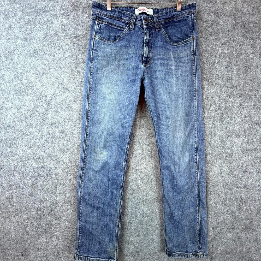 Wrangler Straight Jeans Men 32 Blue Denim Cotton Stretch Mid Rise Regular Fit